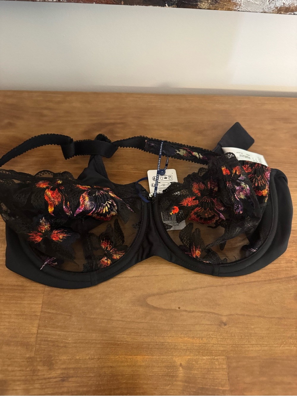 Fantasie Black Sheer Underwire Bra with Multicolor Floral Embroidery